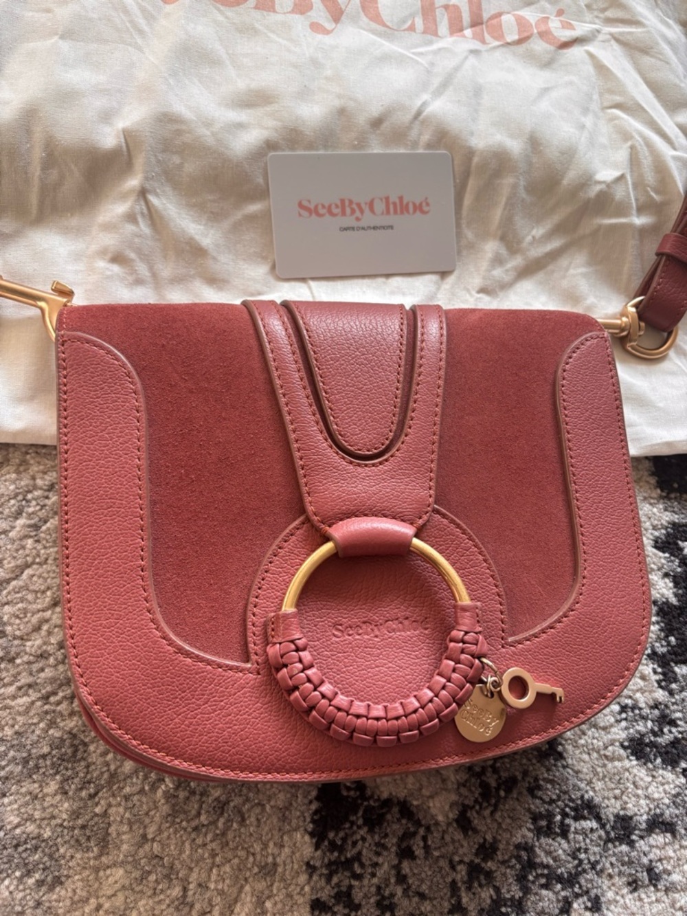 See By Chloe Rose Pink Suede & Leather Crossbody with Braided Ring